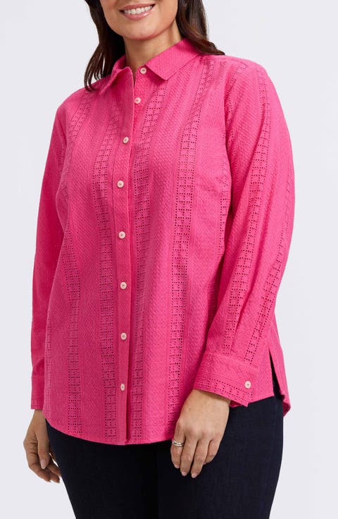 Zoey Mixed Stitch Cotton Button-Up Shirt (Plus)