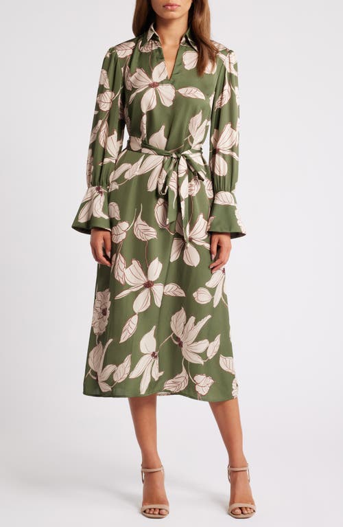 Julia Jordan Floral Long Sleeve Midi Shirtdress in Moss And Ivory 