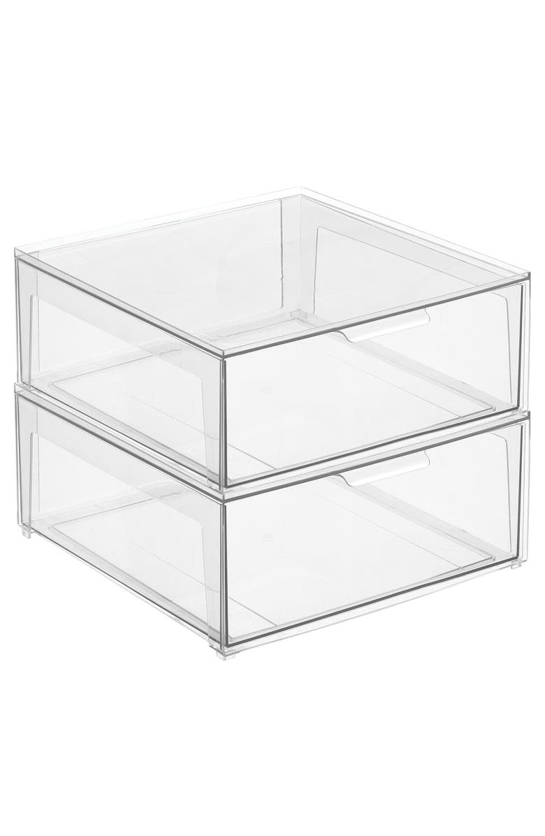 mDesign Plastic Stackable Closet Storage Organizer Bin with Drawer, 2 Pack, Clear, Alternate, color,