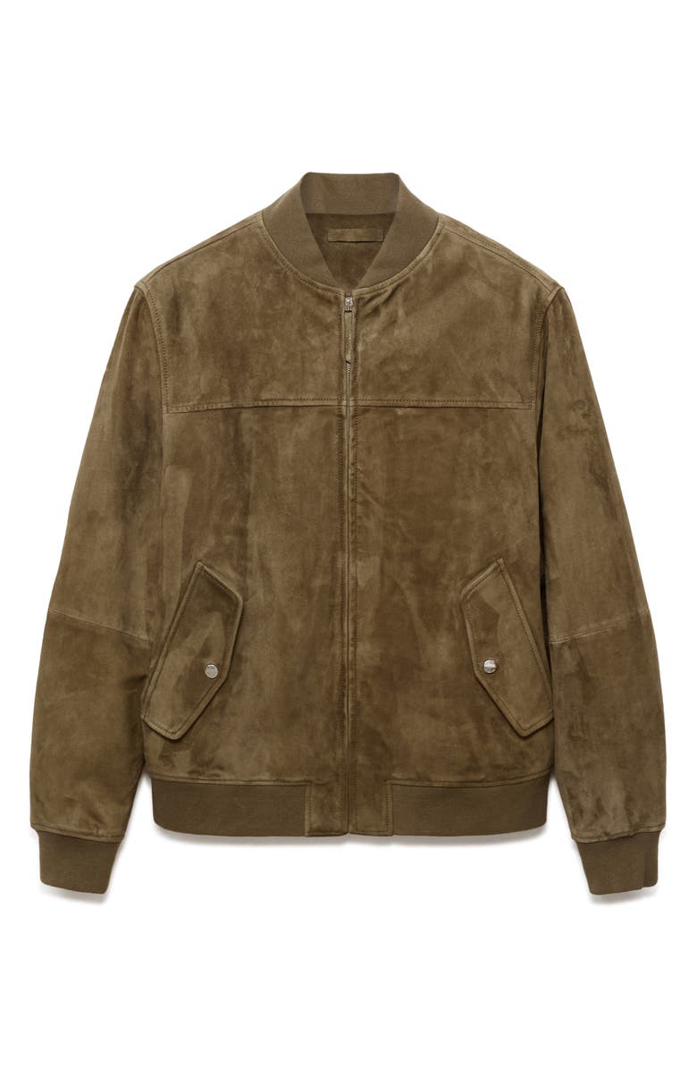 MANGO Goatskin Suede Bomber Jacket, Alternate, color, Khaki