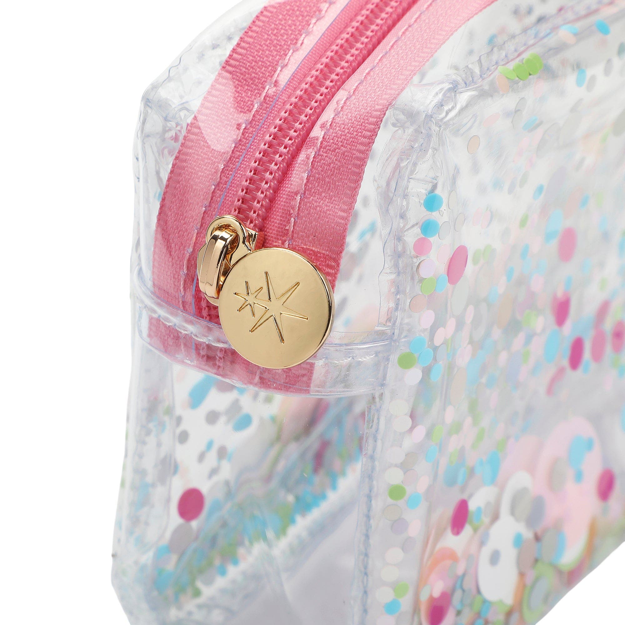 Multicolor Confetti Clear Vinyl Zip Pouch - Trapped Confetti Vinyl Organizer for Makeup Travel School Supplies with Signature Confetti Pouch, Alternate, color, Multicolor