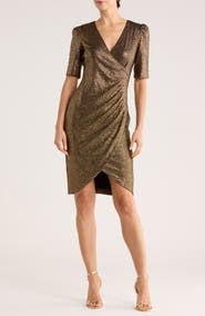 Calvin Klein Metallic Short Sleeve Faux Wrap Dress