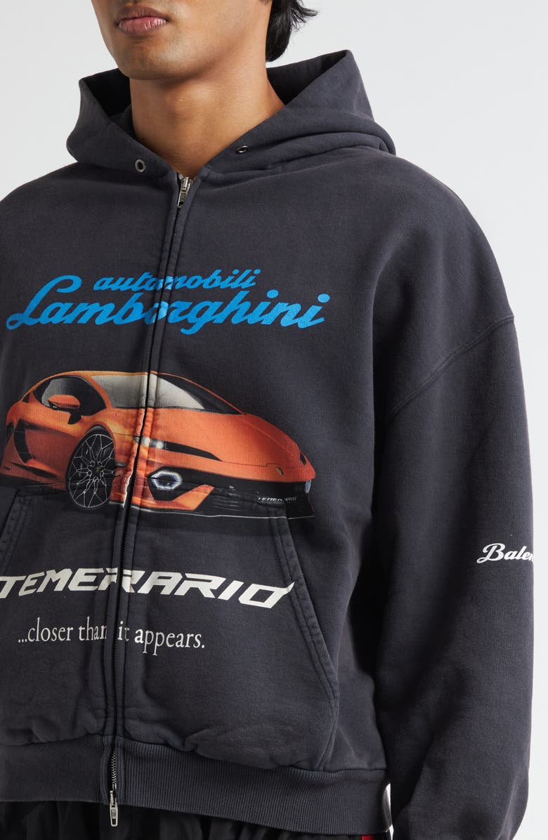 Balenciaga x Automobili Lamborghini Small Fit Full Zip Fleece Graphic Hoodie, Alternate, color, 1041 Faded Washed Black