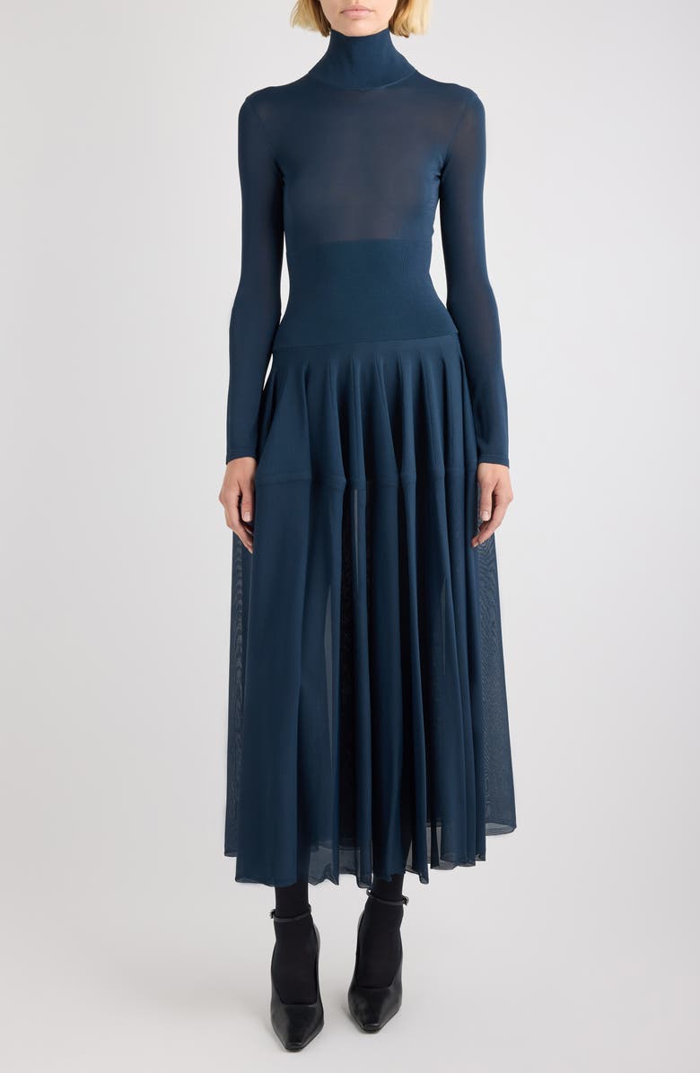 Alaïa Long Sleeve Peplum Midi Dress, Main, color, Marine