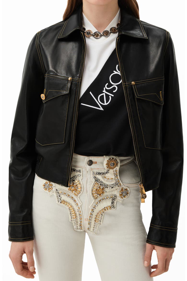 Piuma Lambskin Leather Jacket, Main, color, BLACK