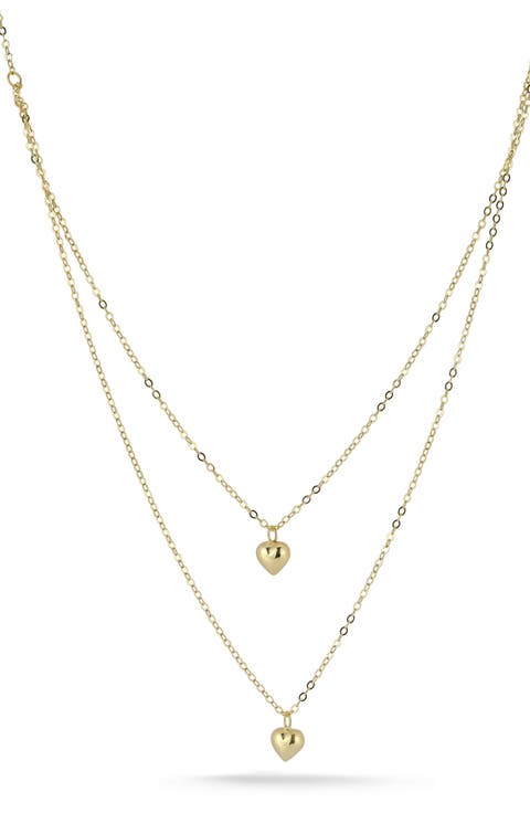 14K Yellow Gold Heart Pendant Double Layer Necklace
