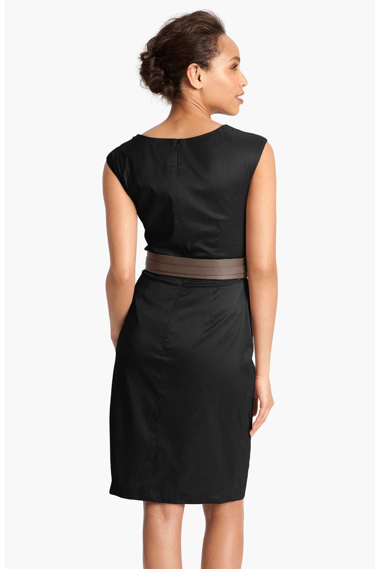 Asymmetrical Neck Belted Sheath Dress, Alternate, color, BLACK