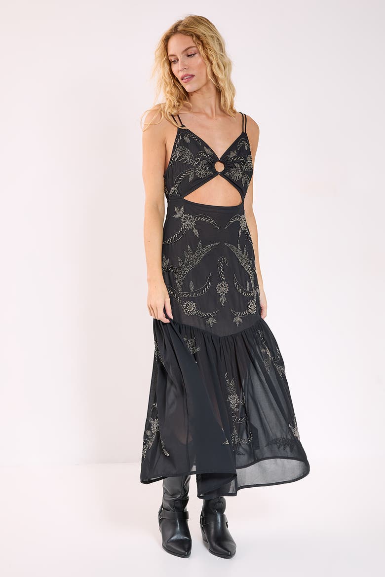 Ring Cut Out Volume Maxi Dress, Main, color, Black