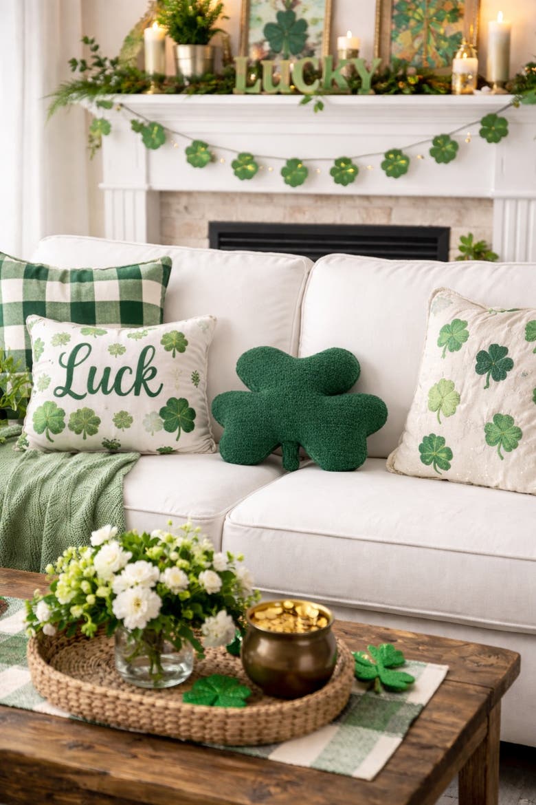Clover Shaped St. Patrick's Day Hooked Accent Throw Pillow 18" x 20", Alternate, color, Green