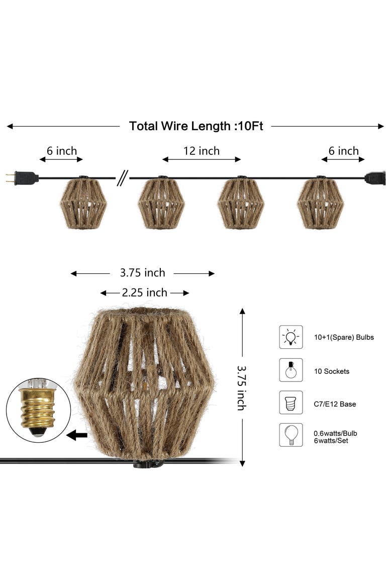 Samara 10-Light Indoor/Outdoor Mid-Century Classic Incandescent C7 Lantern Hemp Rope Shaded String Lights, Alternate, color, Brown