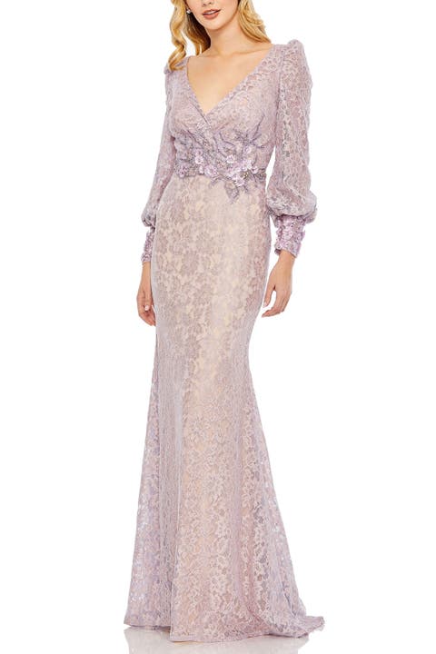 Lace Long Sleeve V-Neck Embellished Gown