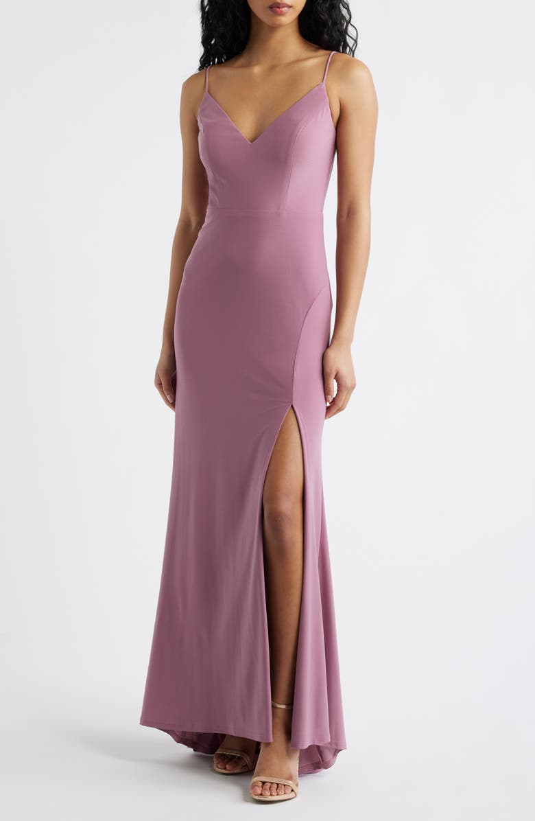 Jump Apparel Plunge V-Neck Jersey Gown, Main, color, Mauve