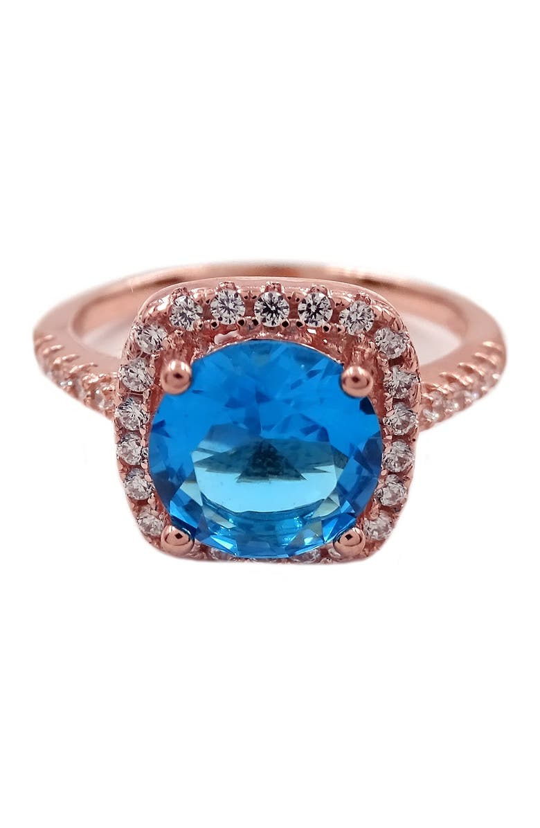 SAVVY CIE JEWELS 18K Rose Gold Vermeil Cushion-Cut Blue Topaz Halo Ring, Alternate, color, 