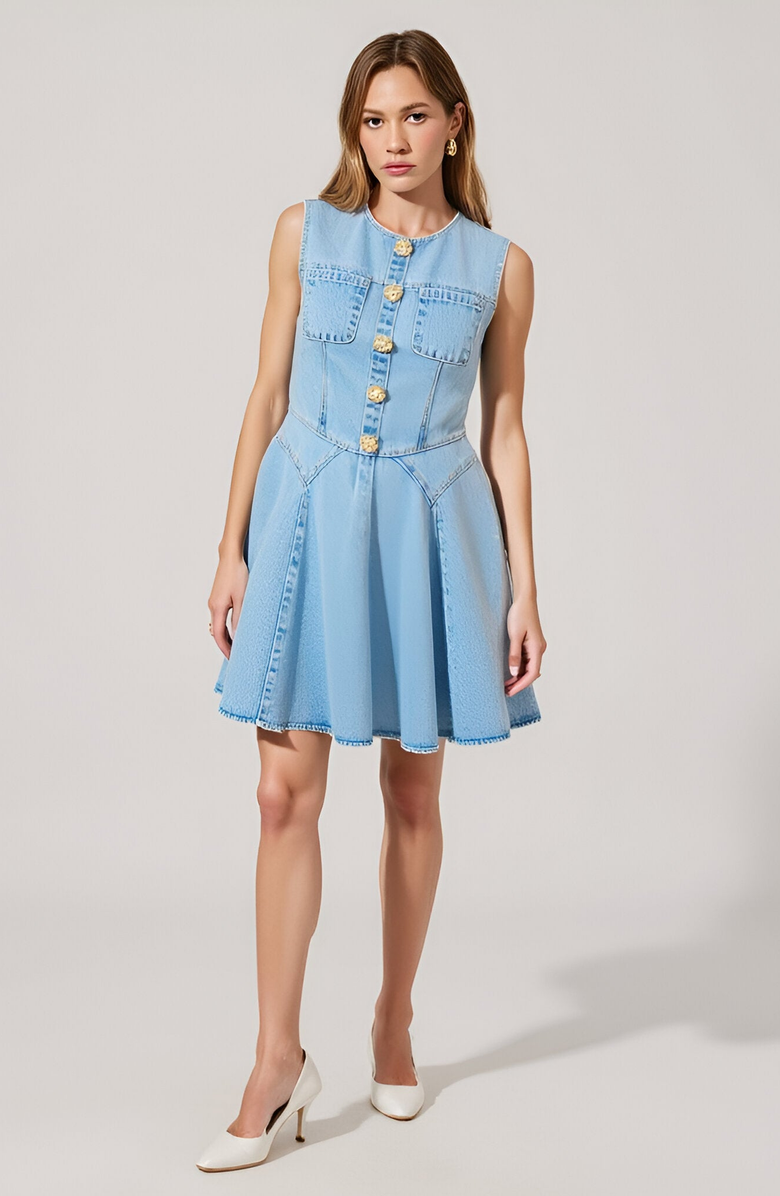 Modenaire Sleeveless Denim Mini Dress with Button Front and Flared Skirt, Main, color, 