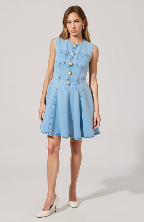 Modenaire Sleeveless Denim Mini Dress With Button Front And Flared Skirt In Blue