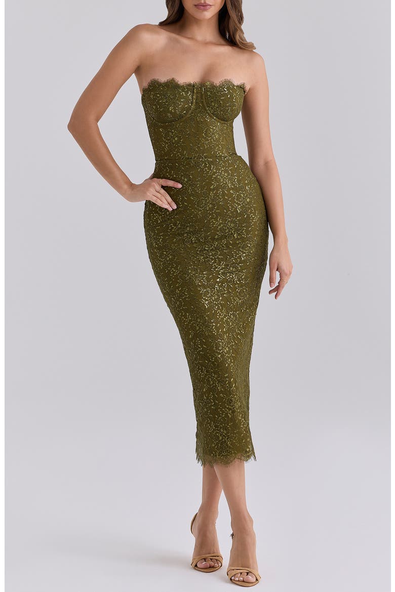 Alexia Metallic Floral Lace Strapless Midi Dress, Main, color, OLIVE