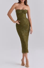 HOUSE OF CB Alexia Metallic Floral Lace Strapless Midi Dress