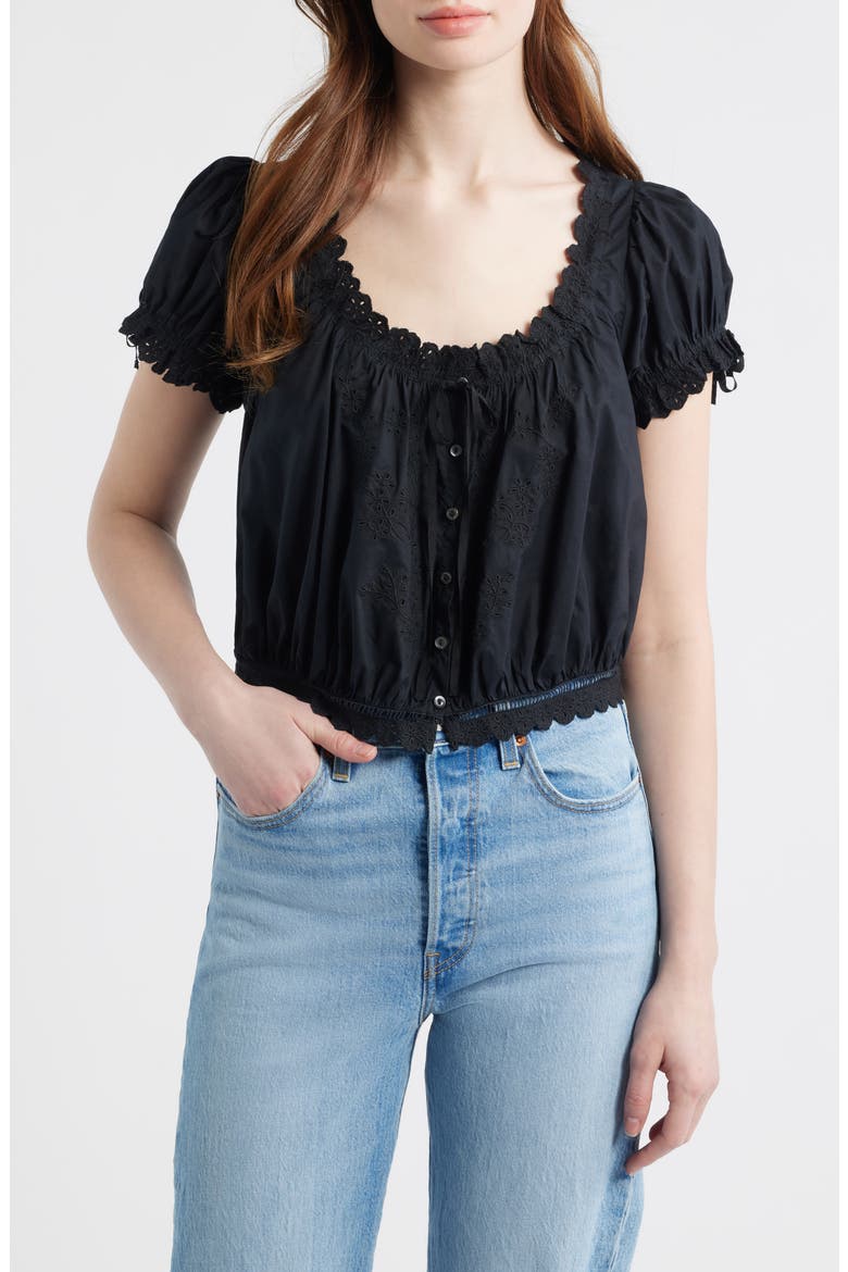 Nera Eyelet Ruffle Organic Cotton Crop Top, Main, color, BLACK