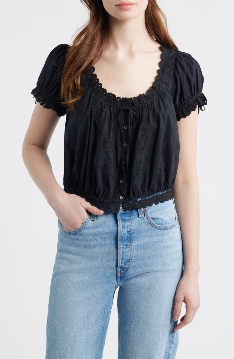 DÔEN Nera Eyelet Ruffle Organic Cotton Crop Top, Main, color, Black