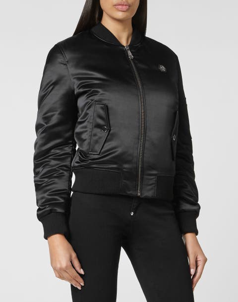 Embroidered Skull Satin Oversized Bomber Jacket Women