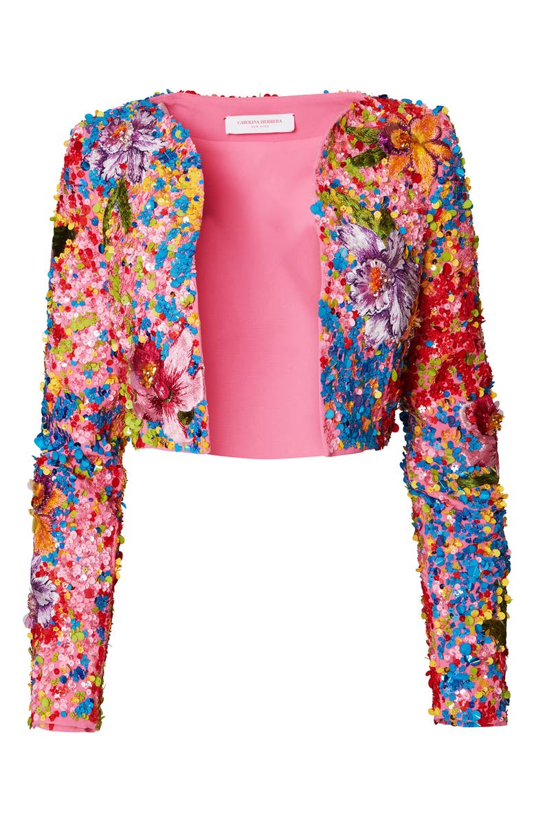 Carolina Herrera Floral Beaded Crop Jacket, Alternate, color, 