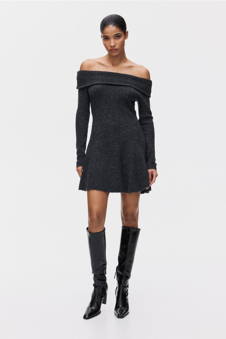 Rib-knit Off-the-shoulder Dress, Alternate, color, Dark gray melange