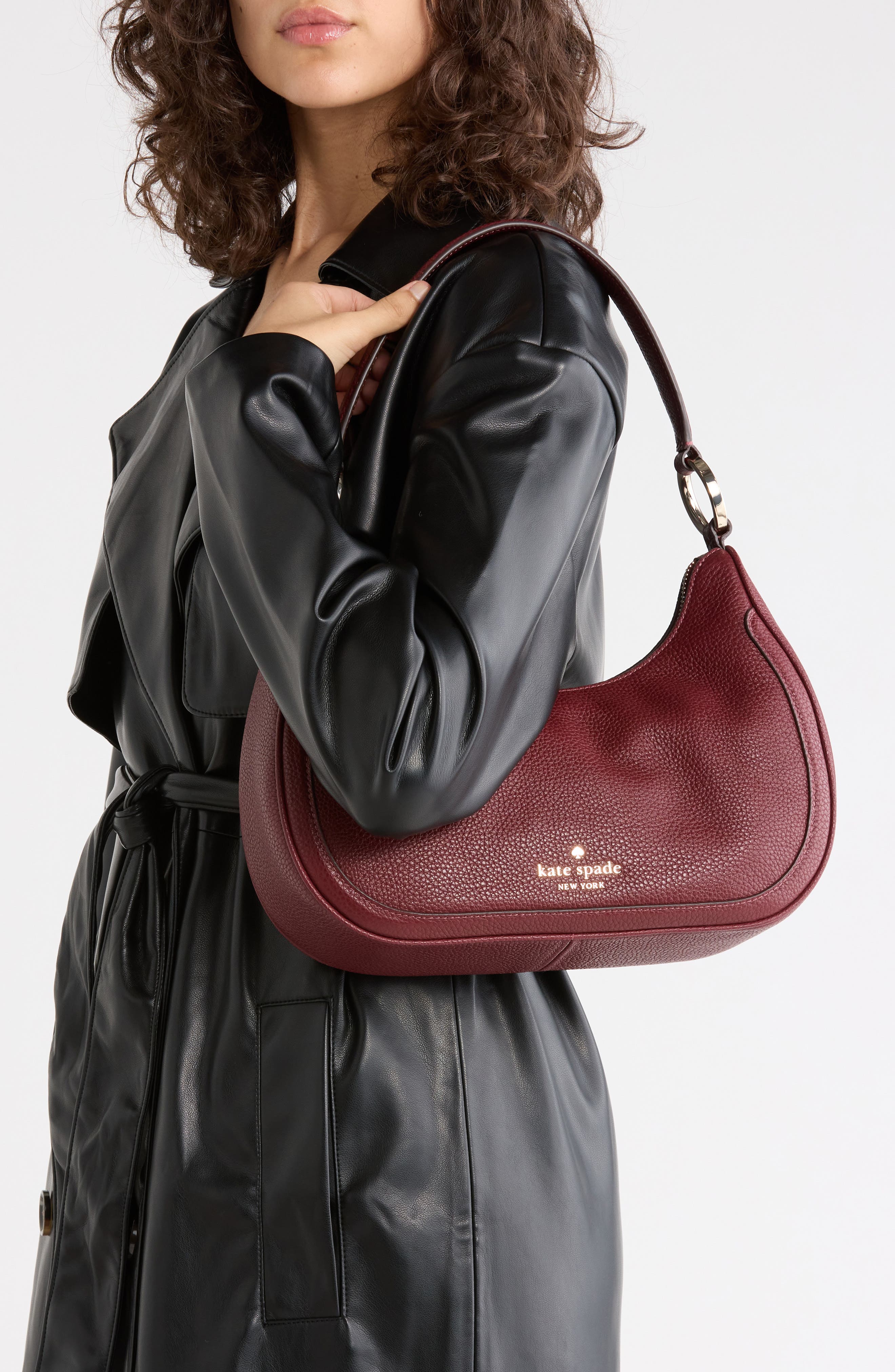 Leila Pebbled Leather Shoulder Bag, Alternate, color, CHERRY JUICE