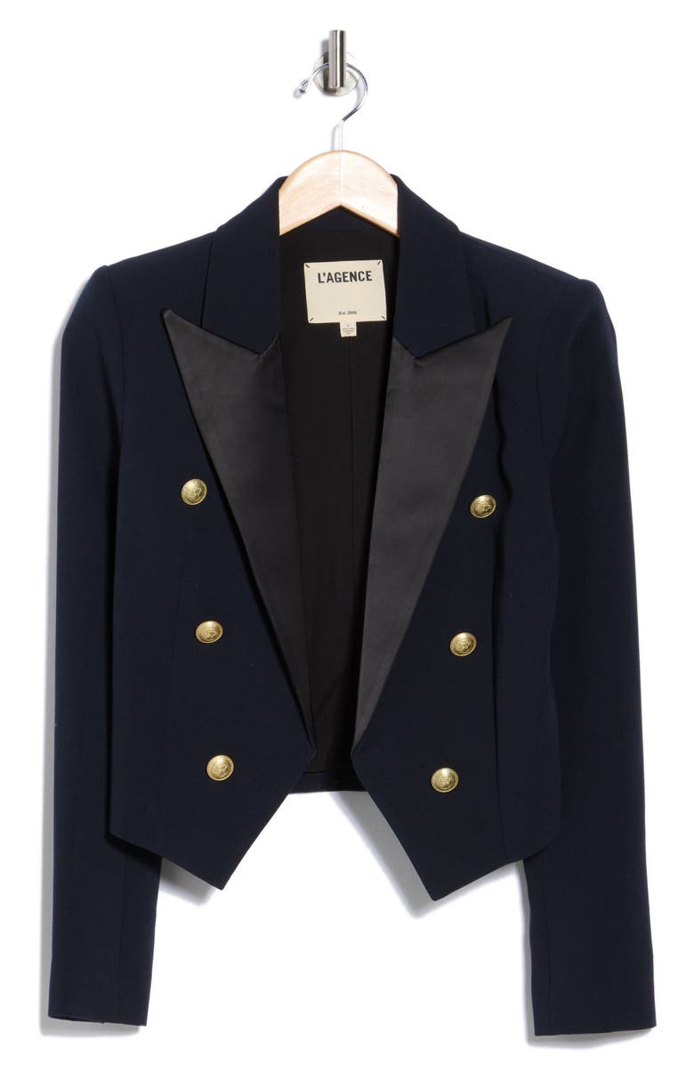 L'AGENCE Lila Peak Lapel Boxy Crop Blazer, Alternate, color, Midnight/ Black