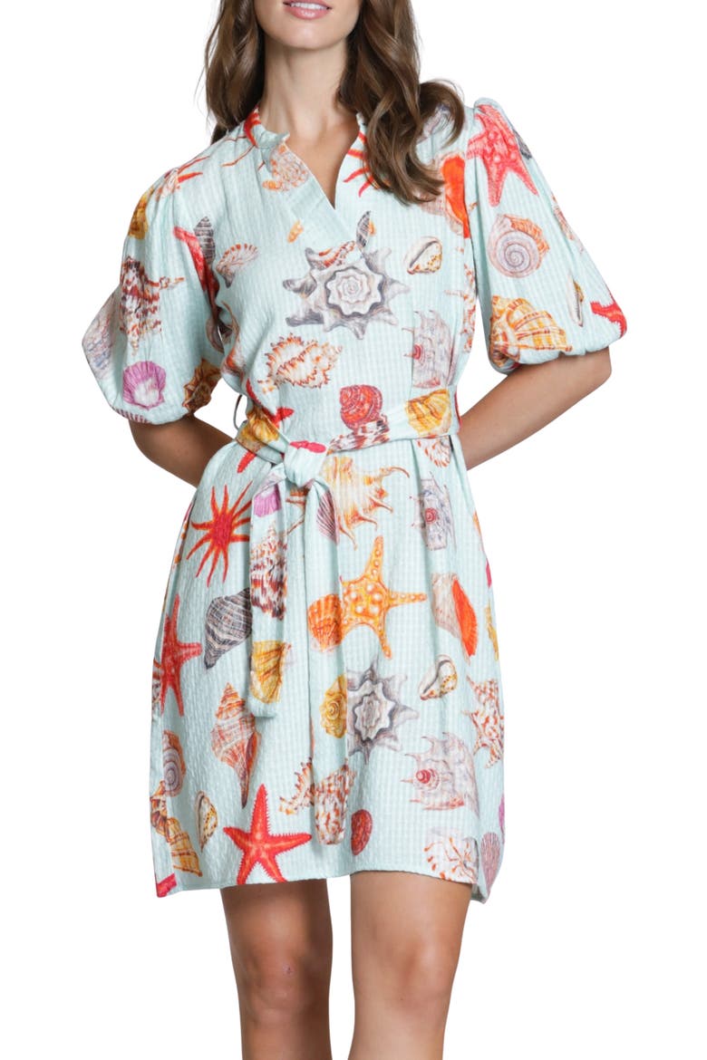 Tie Waist Puff Sleeve Dress, Main, color, AQUA