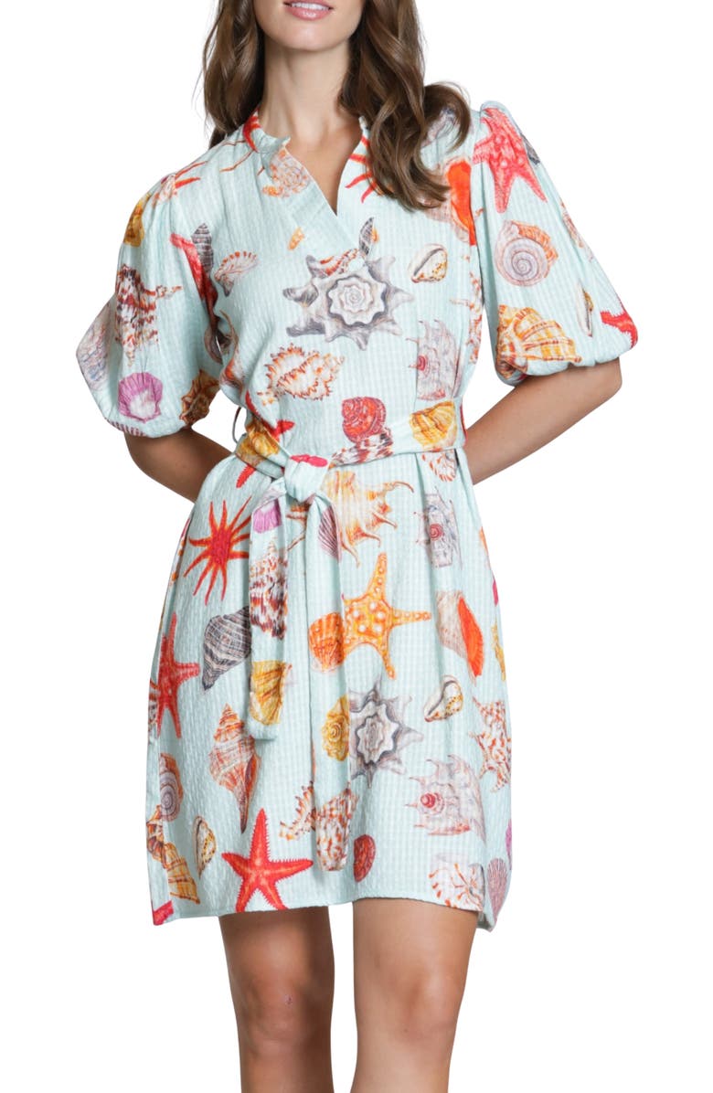 APNY Tie Waist Puff Sleeve Dress, Main, color, Aqua