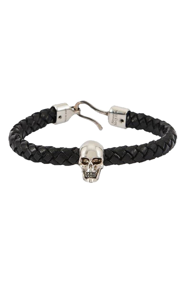 McQueen Alexander McQueen Skull Corded Leather Bracelet, Main, color, 