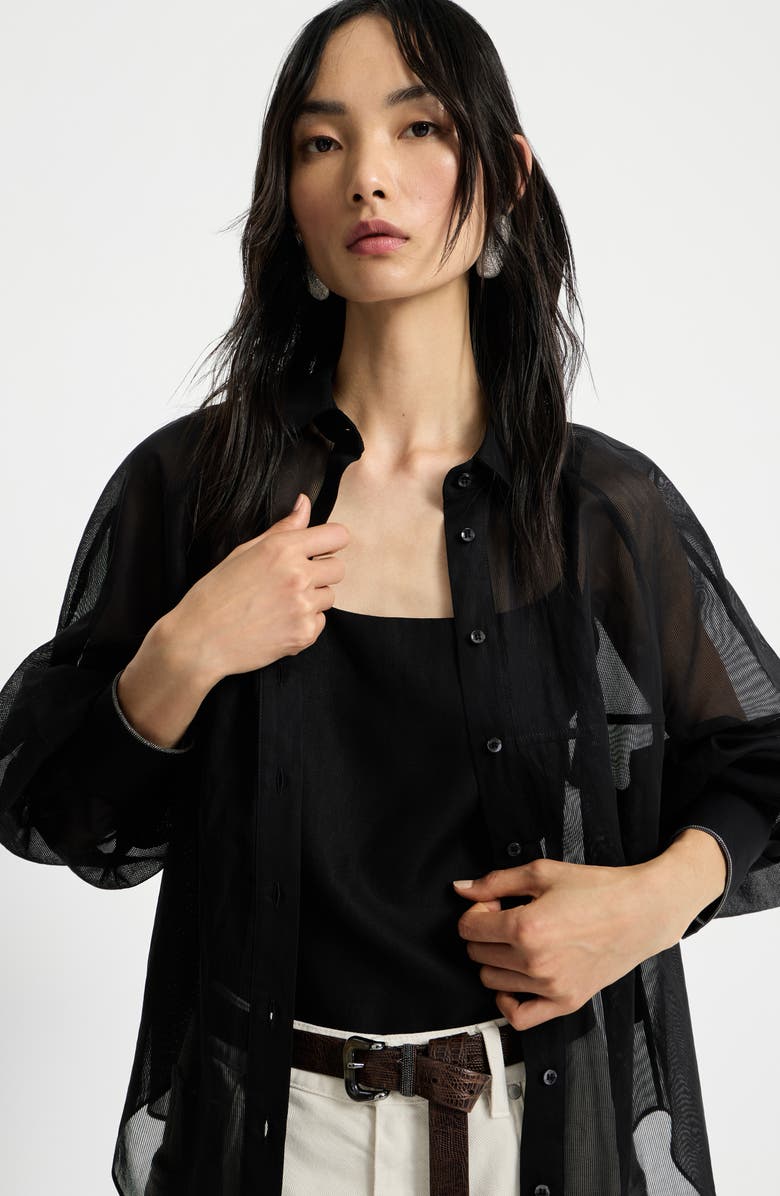 Brunello Cucinelli Striped organza shirt, Alternate, color, Black