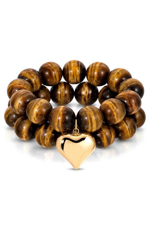 Luck and Love Tiger's Eye Heart Set of 2 Bracelets