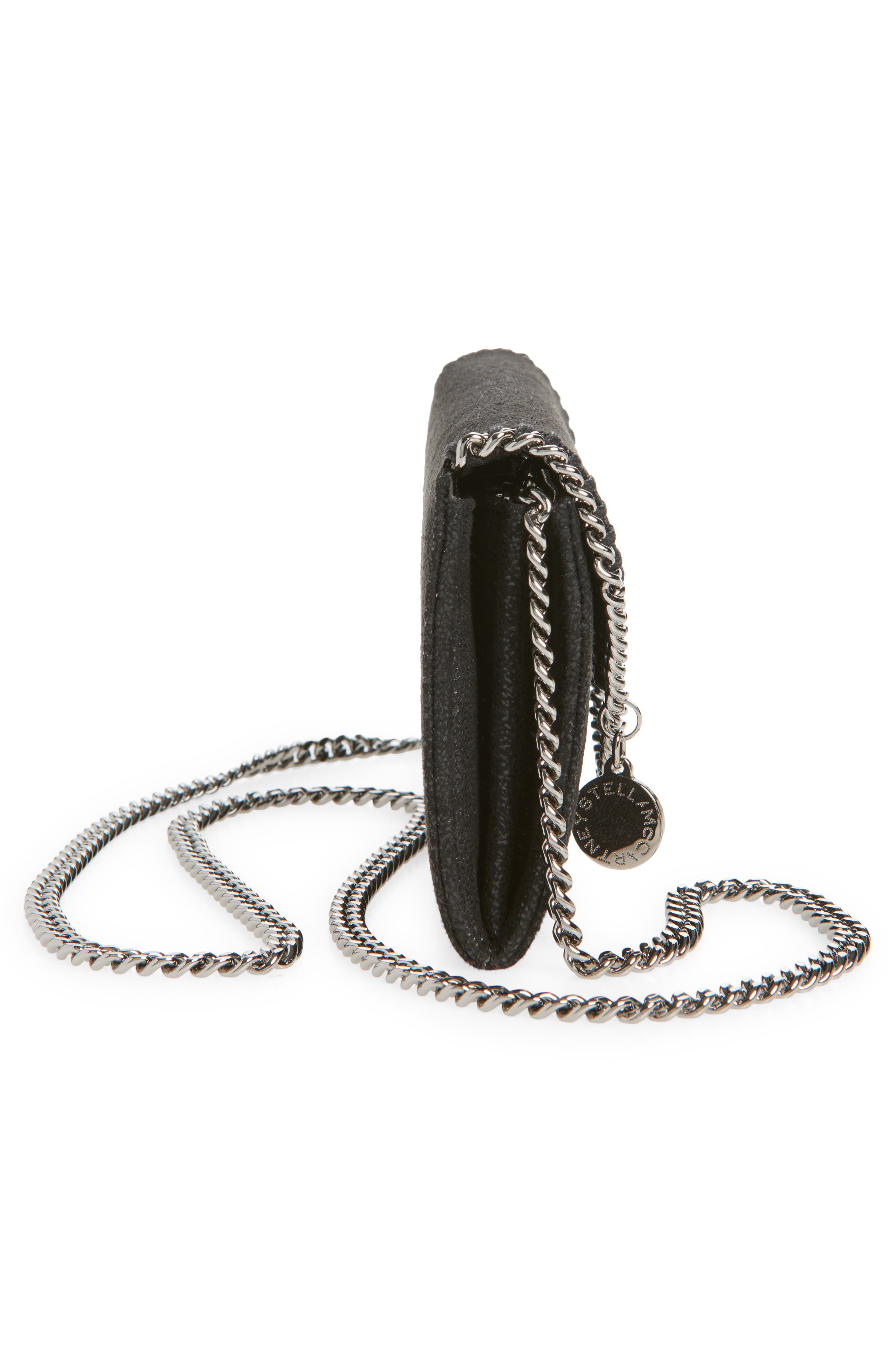 Falabella Shaggy Faux Leather Wallet on a Chain, Alternate, color, BLACK