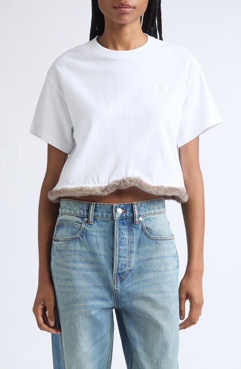 Faux Fur Trim Jersey T-Shirt