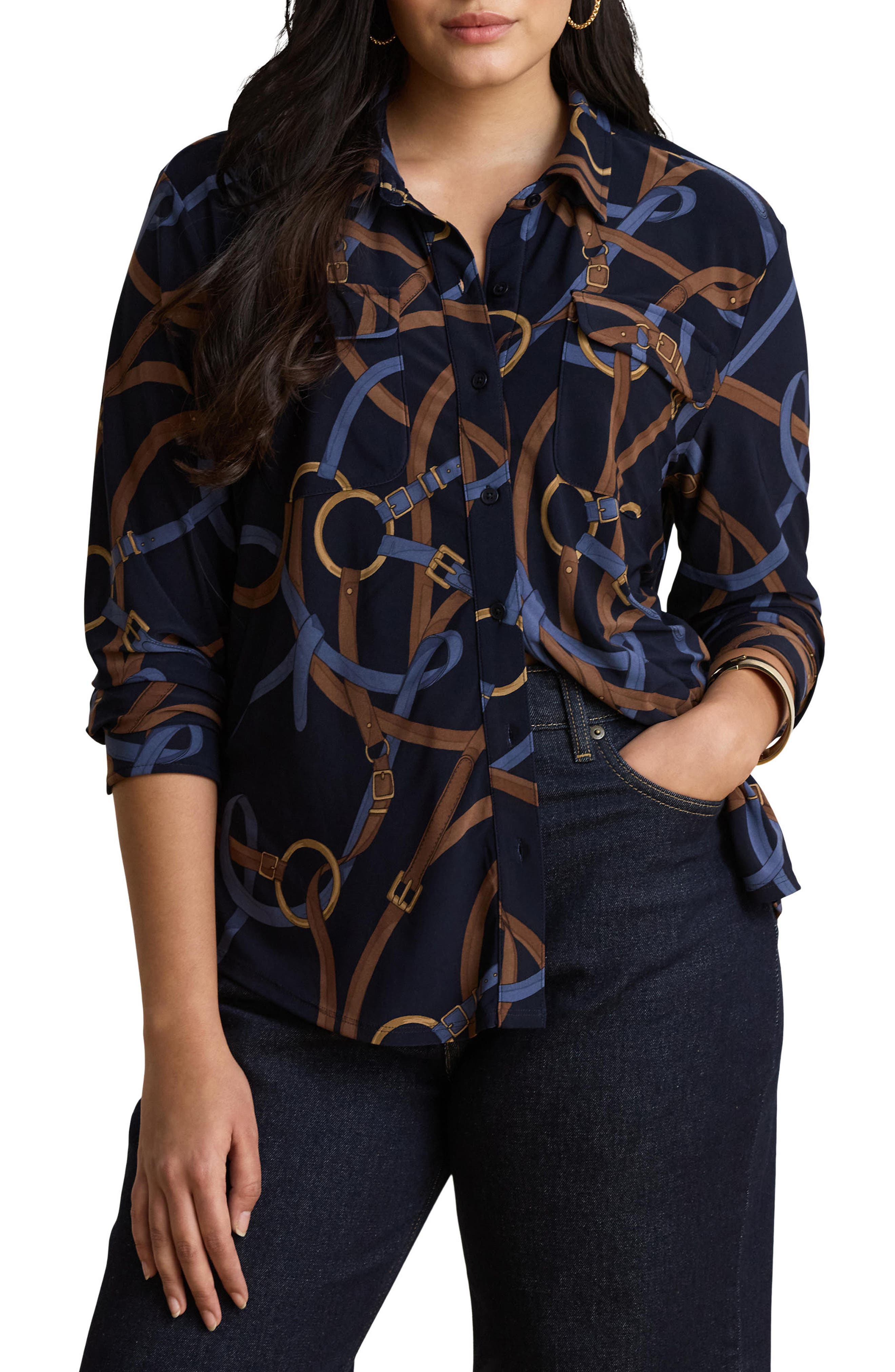 ラルフローレン Lauren Ralph Lauren Classic Chain Print Stretch Jersey Knit Button