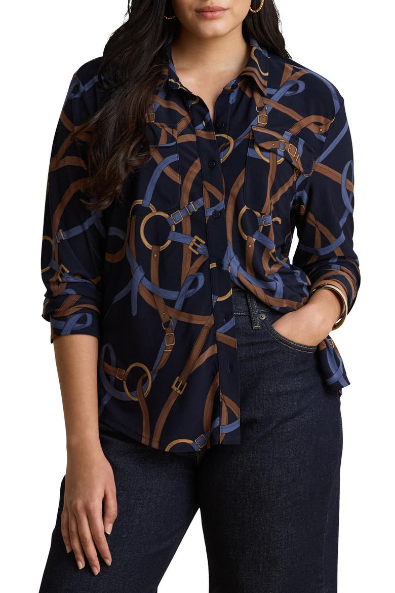 Classic Chain Print Stretch Jersey Knit Button-Up Shirt, Alternate, color, NAVY BLUE/ MULTI