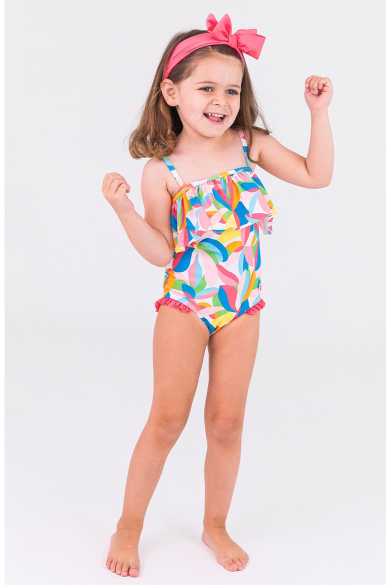 Tropical Adventure Ruffle One-Piece Swimsuit & Headband Set, Alternate, color, PINK