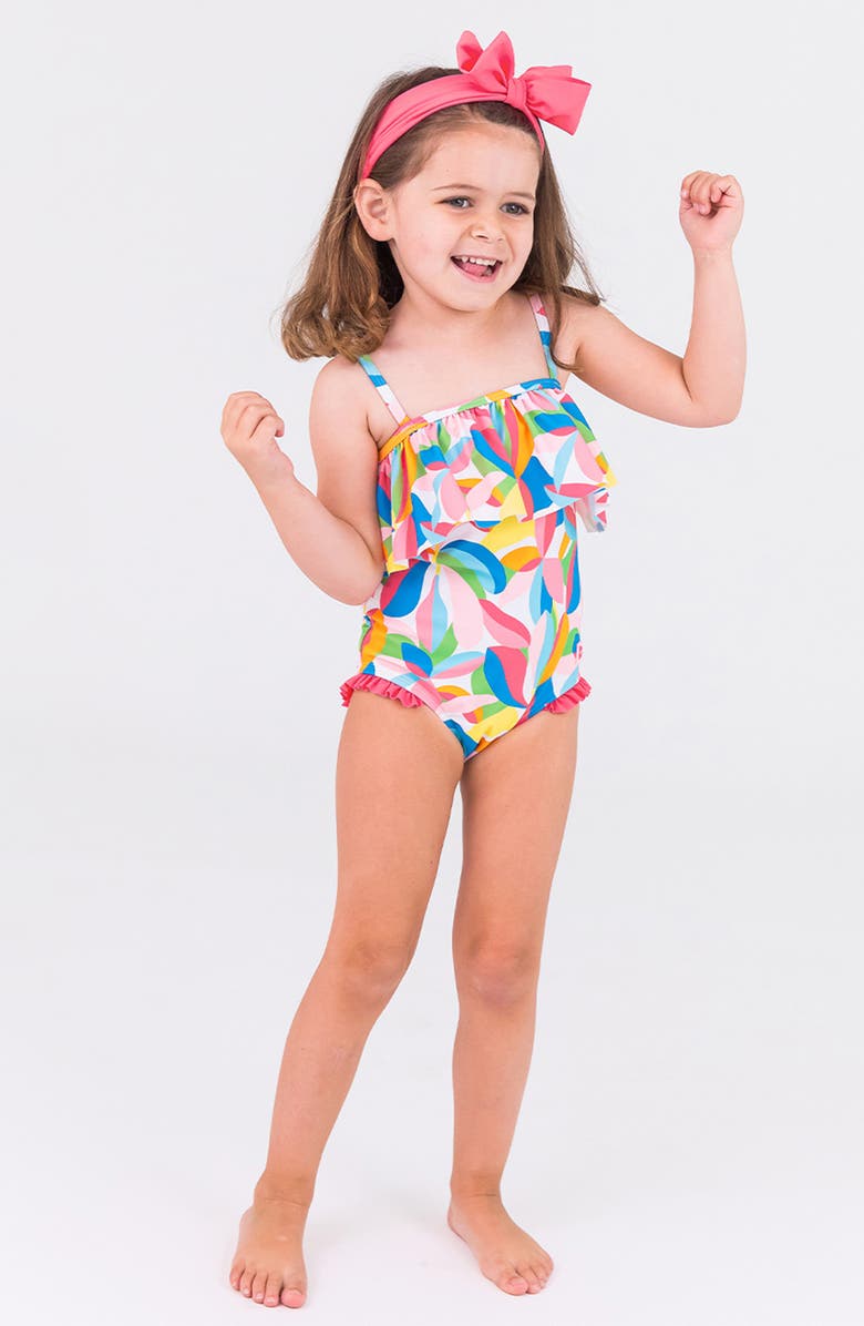 RuffleButts Tropical Adventure Ruffle One-Piece Swimsuit & Headband Set, Alternate, color, Pink