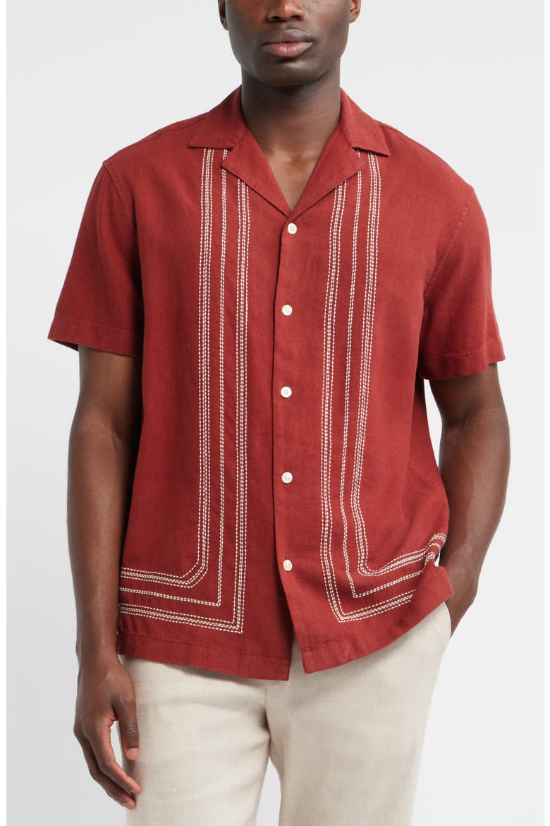 Frame Embroidered Short Sleeve Linen Blend Button-Up Shirt, Main, color, RED BRICK FRAMED BORDER