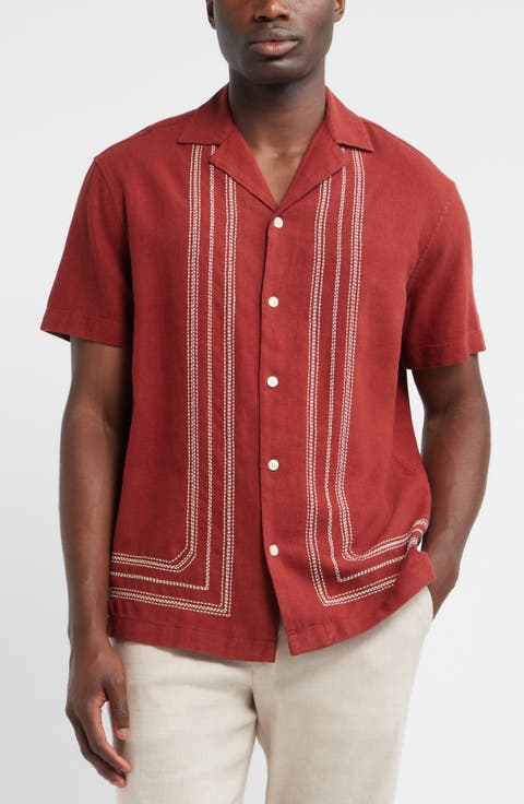 Frame Embroidered Short Sleeve Linen Blend Button-Up Shirt
