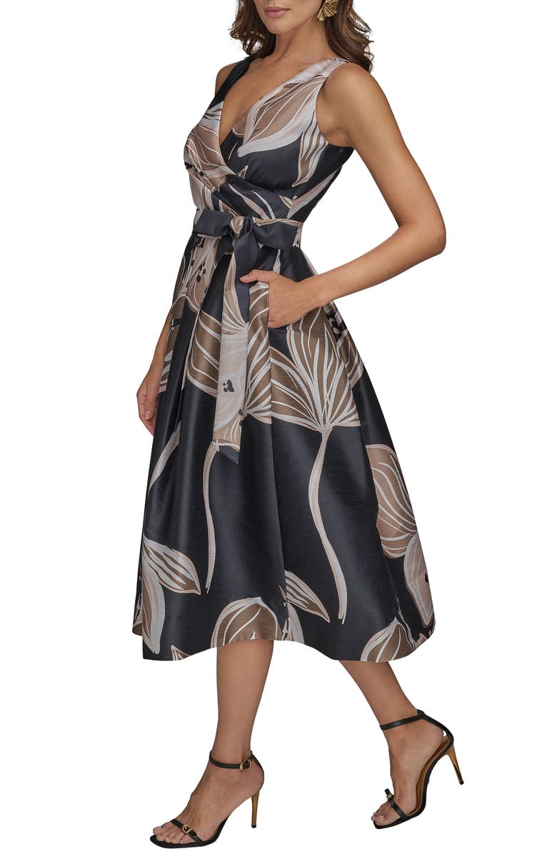 Donna Karan New York Faux Wrap Tie Waist Cocktail Dress, Alternate, color, Black/Fawn Multi