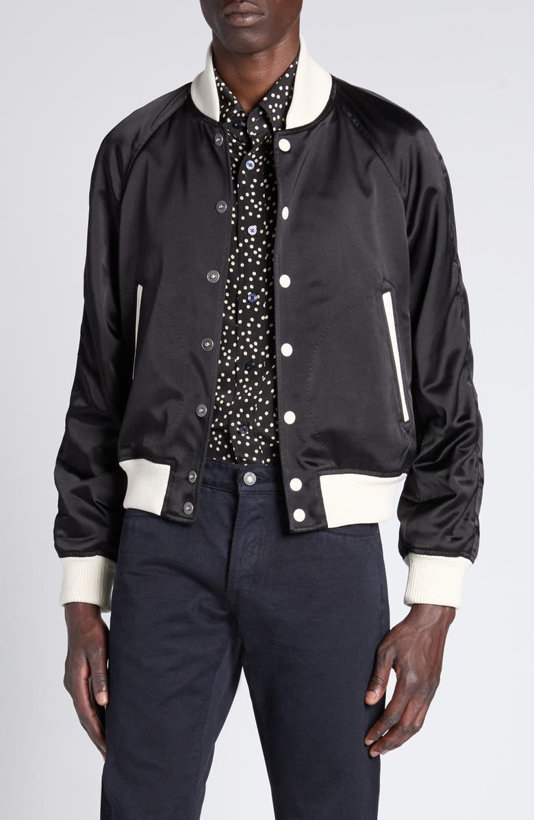 TOM FORD Shiny Satin Bomber Jacket, Main, color, Xbkwh Black/ White