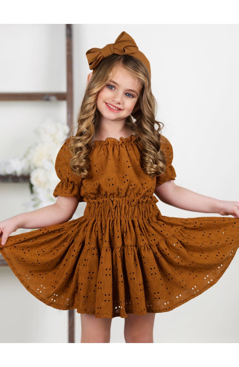 Mia Belle Girls Girls Rosette Charm Eyelet Top & Skirt Set, Alternate, color, Brown