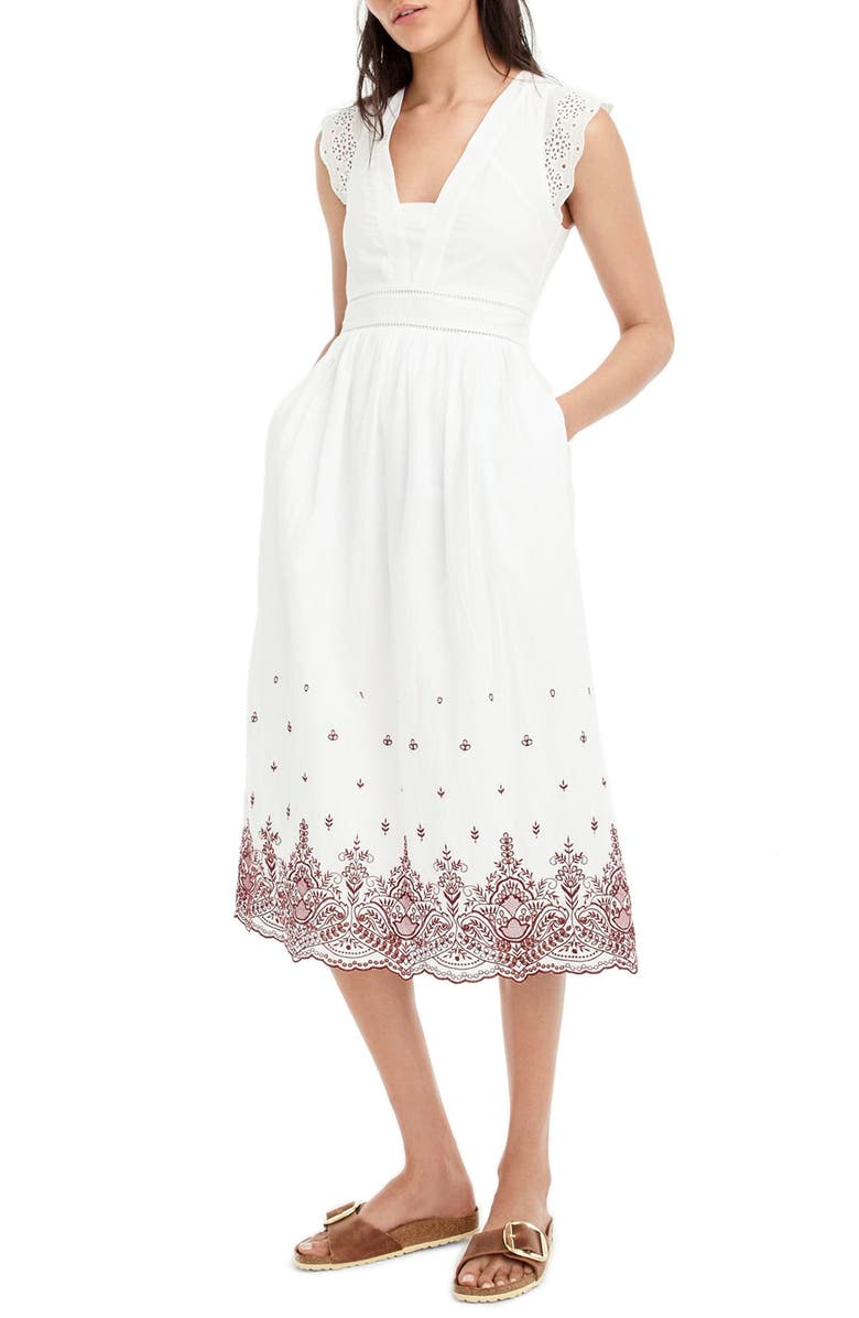 J.Crew Embroidered Flutter Sleeve Midi Dress, Main, color,