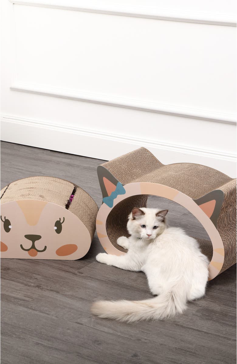 The Licker Store Opal Modern Cardboard Happy Cat Head 2-in-1 Cat Cave Scratcher with Built-In Bell Toys and Catnip, Alternate, color, Cream/Peach