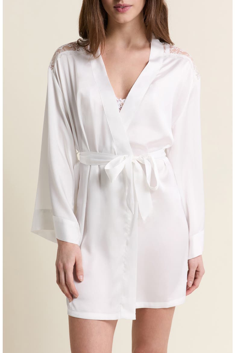 Mascarade Deshabille Lace Trim Satin Robe, Main, color, WHITE