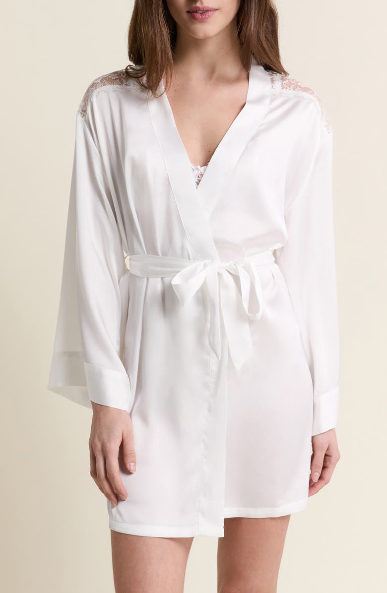 Etam Mascarade Deshabille Lace Trim Satin Robe, Main, color, White