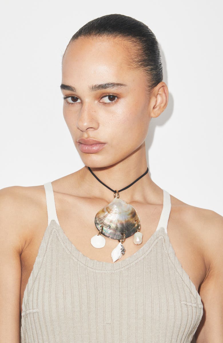 Tory Burch Shell & Cultured Pearl Pendant Necklace, Alternate, color, Black / Ivory