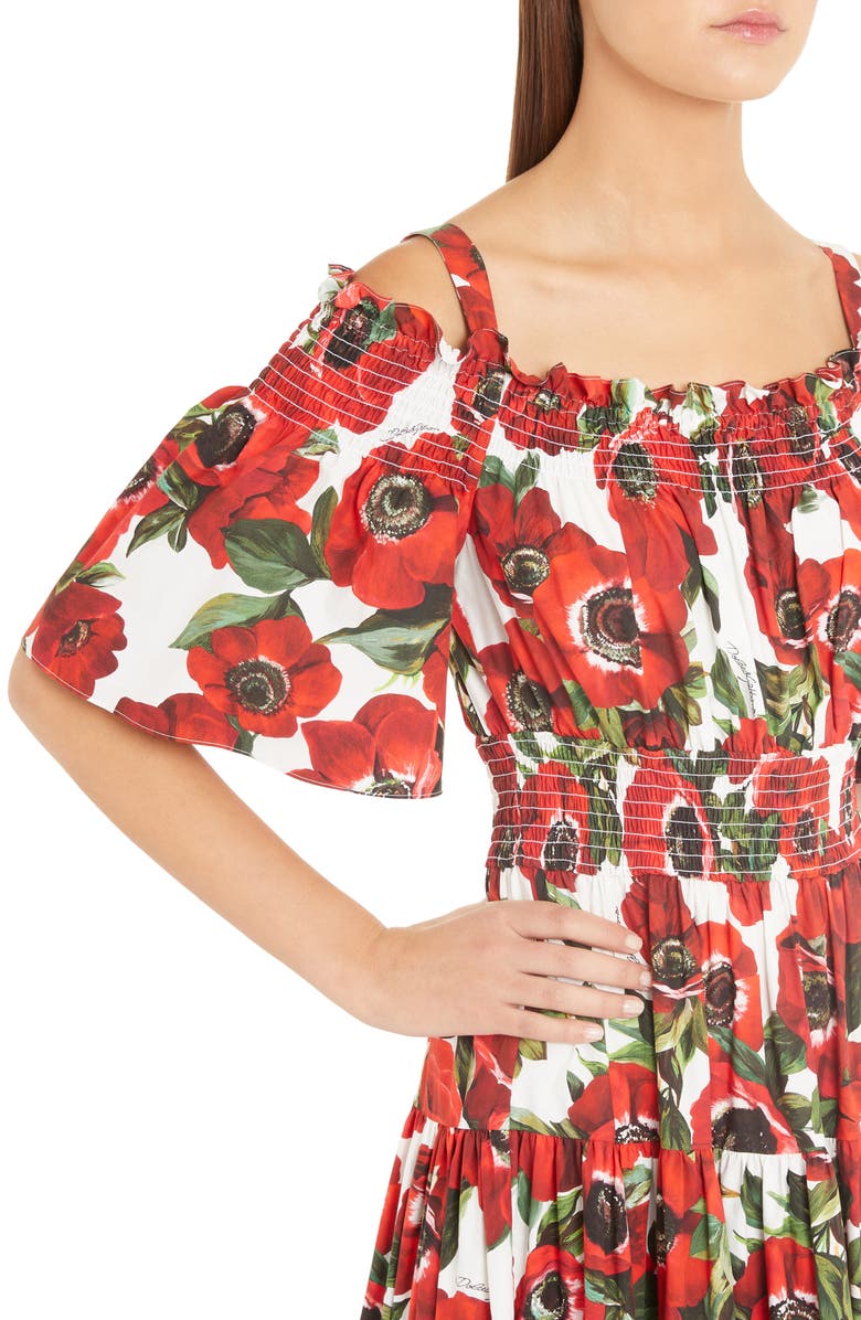 Dolce&Gabbana Poppy Print Tiered Cotton Poplin A-Line Dress, Alternate, color, 